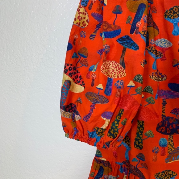 FARM Rio Anthropologie Long-Sleeve Shirt Dress Small Red Mushroom Print Tiered - Picture 12 of 16